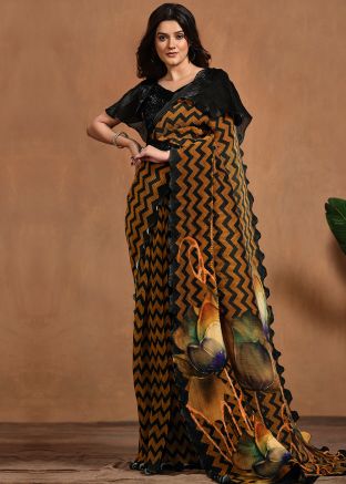 Brown Digital Print Readymade Pleated Saree