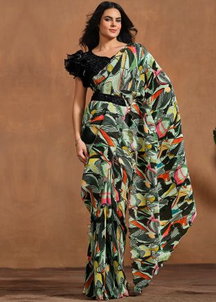 Light Green Digital Print Readymade Pleated Saree