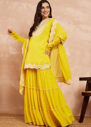 Yellow Embroidered Full Sleeved Sharara Suit