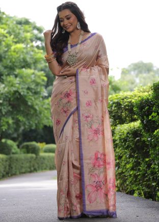Peach Tussar Silk Saree In Floral Print