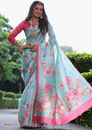 Pastel Blue Tussar Silk Floral Print Saree 