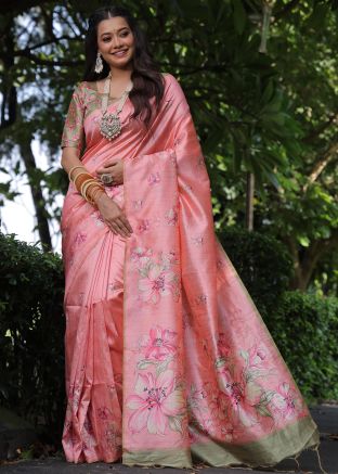 Peach Floral Print Saree In Tussar Silk
