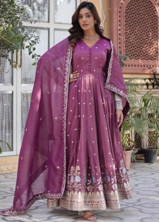 Purple Embroidered Full Sleeved Anarkali Suit