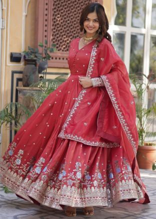 Red Embroidered V-Neck Anarkali Suit In Viscose