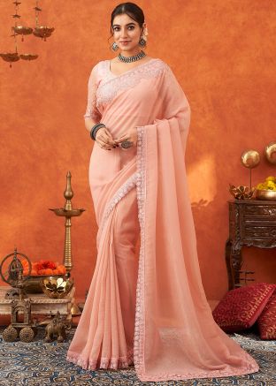 Peach Thread Embroidered Organza Saree