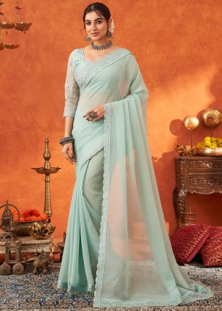 Pastel Green Organza Saree In Thread Embroidery