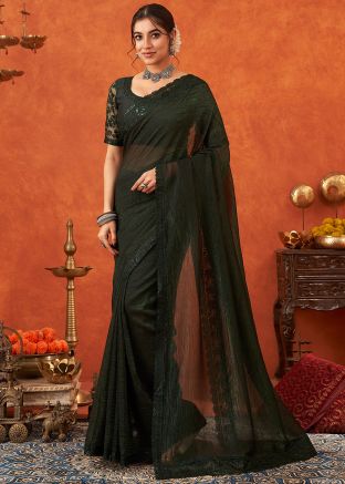 Dark Green Embroidered Saree With Blouse