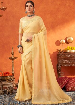 Yellow Organza Saree In Thread Embroidered 