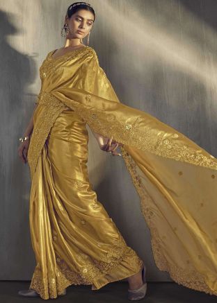 Golden Embroidered Border Tissue Saree