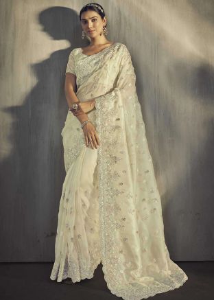 Off White Embroidered Border Tissue Saree
