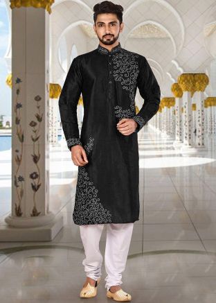 Black Embroidered Dupion Silk Readymade Kurta Pyjama