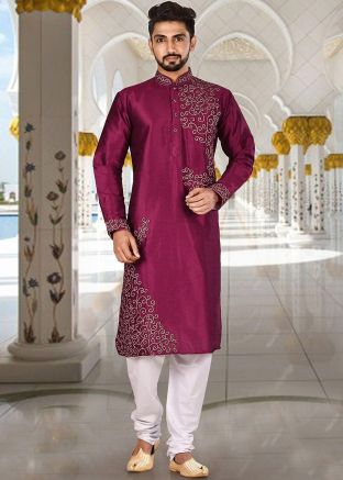 Magenta Readymade Embroidered Kurta Pajama