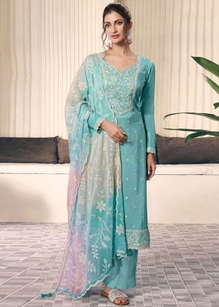 Blue Embroidered Art Silk Salwar Suit Set