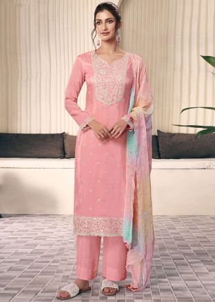 Pink Embroidered Salwar Suit Set In Art Silk
