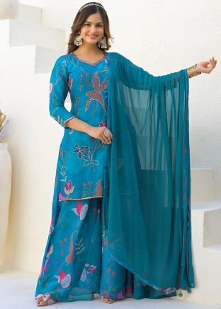 Blue Embroidered Salwar Suit Set In Georgette