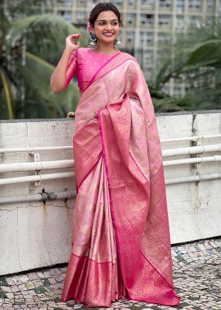 Pink Zari Woven Saree In Tussar Silk