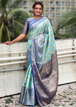 Blue Tussar Silk Saree In Zari Woven Work