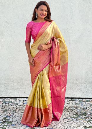 Golden Zari Woven Saree In Tussar Silk