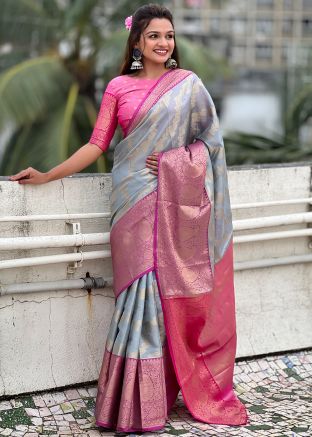 Grey Zari Woven Saree With Blouse