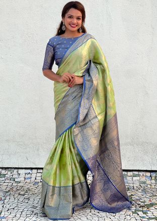 Green Zari Woven Saree In Tussar Silk