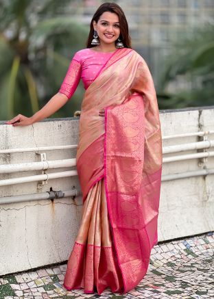Peach Tussar Silk Saree In Zari Woven Work