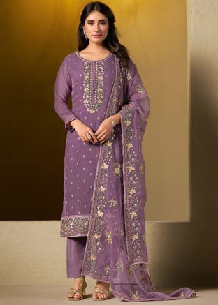 Purple Embroidered Chiffon Pant Suit