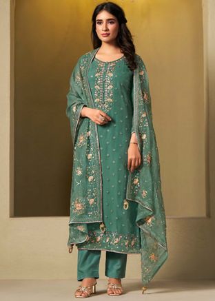 Sea Green Embroidered Pant Suit In Chiffon