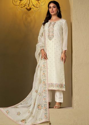 White Embroidered Chiffon Pant Suit