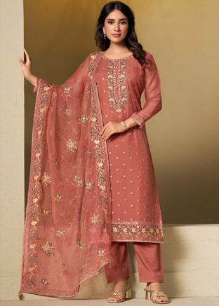 Dusty Peach Chiffon Embroidered Pant Suit