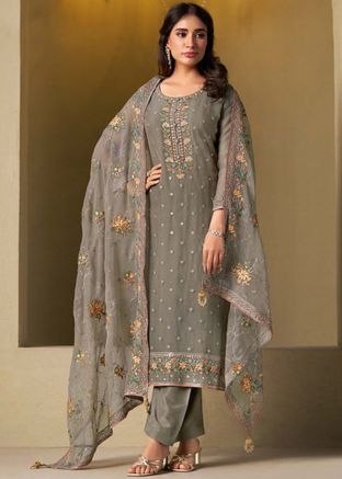 Grey Embroidered Chiffon Pant Suit