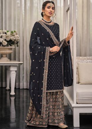 Black Embroidered Palazzo Suit In Georgette