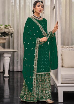 Green Thread Work Georgette Palazzo Suit