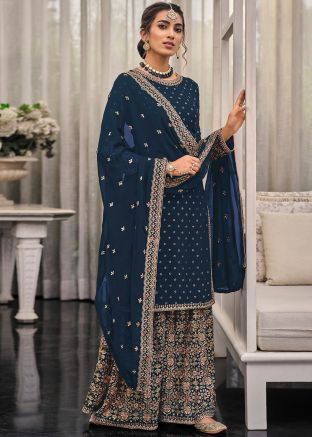 Navy Blue Embroidered Palazzo Suit Set