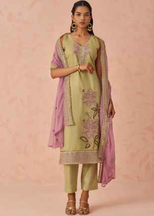 Beige Embroidered Sleeveless Pant Suit