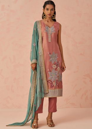 Dusty Pink Sleeveless Embroidered Pant Suit