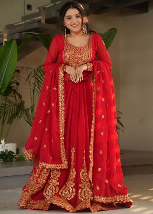 Red Embroidered Round Neck Anarkali Suit