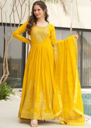 Yellow Embroidered Full Sleeved Anarkali Suit