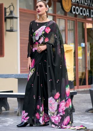 Black Floral Print Georgette Saree