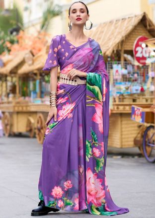 Purple Floral Print Saree In Georgette