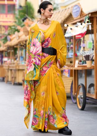 Yellow Georgette Saree In Floral Print