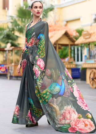 Grey Georgette Saree In Floral Print