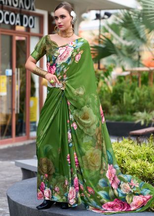 Green Georgette Saree In Floral Print