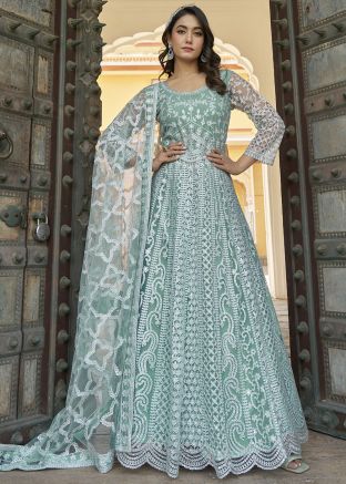 Readymade Blue Net Dori Work Anarkali Suit