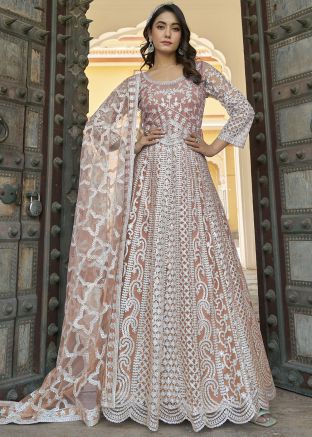 Dusty Peach Embellished Net Anarkali Suit Set