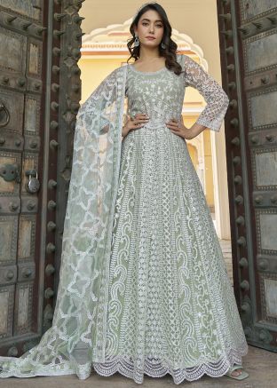 Grey Embellished Net Readymade Anarkali Suit Set