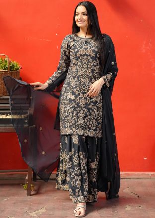 Black Embroidered Full Sleeved Palazzo Suit