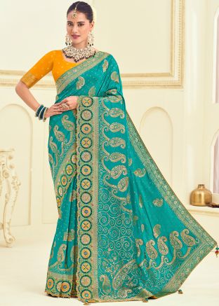 Turquoise Silk Saree In Embroidery