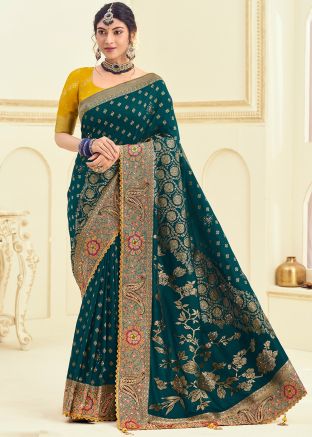 Teal Blue Silk Saree In Embroidery