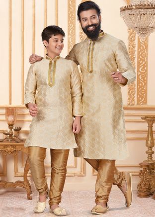 Cream Readymade Father & Son Woven Kurta Pyjama