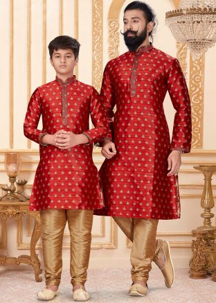 Father & Son Readymade Woven Red Kurta Pyjama